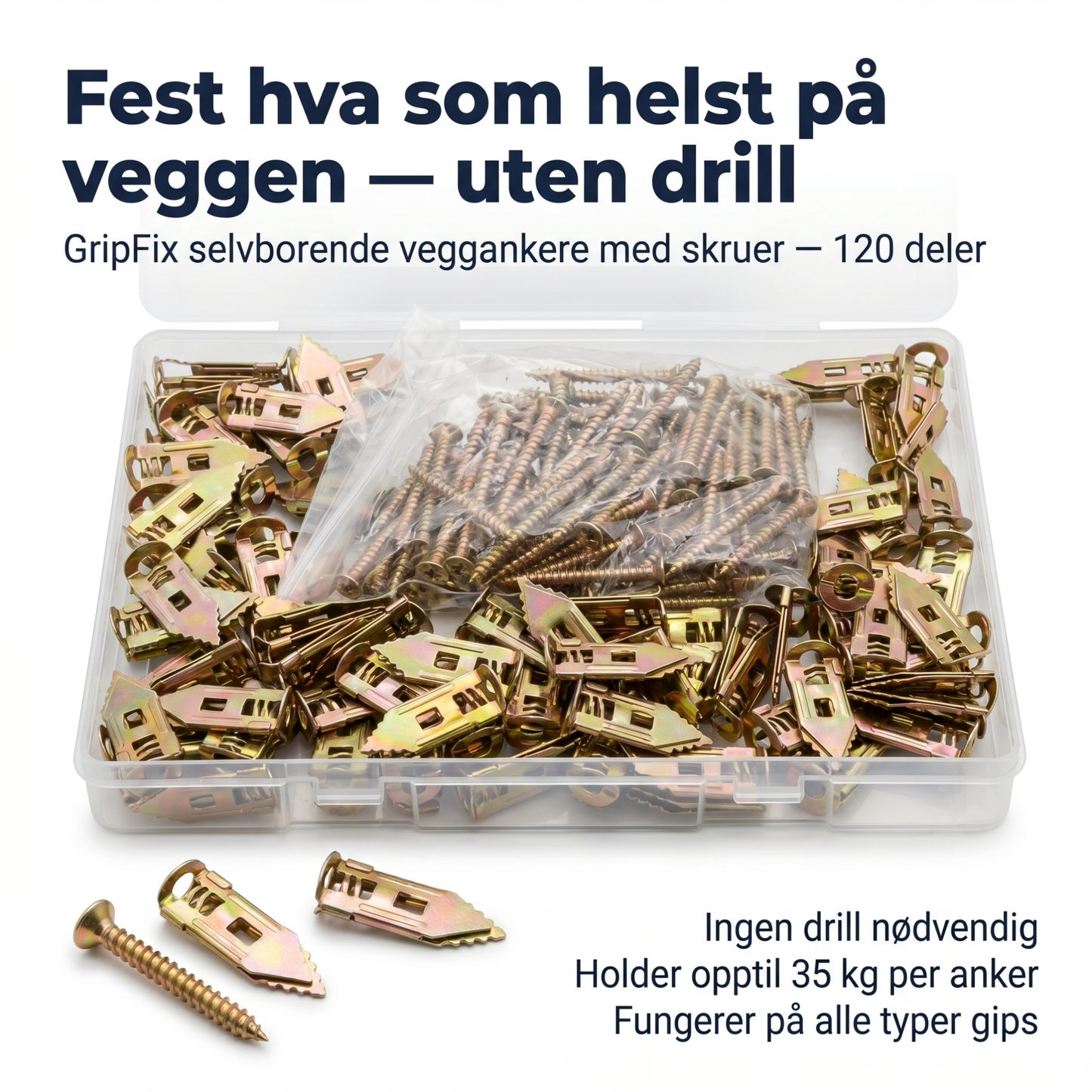 GripFix — Selvborende veggankere med skruer (50 deler)